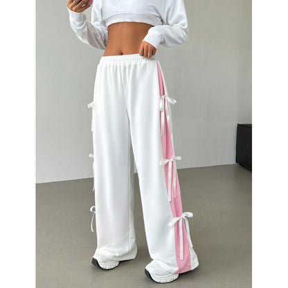 Pantalons droits pour femmes avec taille élastique et couleur contrastée