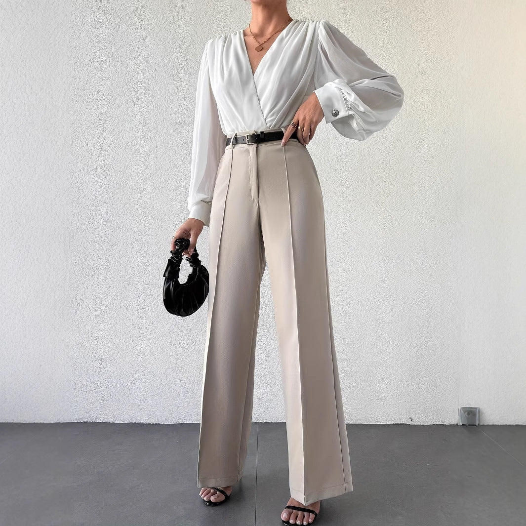 Pantalons décontractés droits amincissants taille haute à tempérament