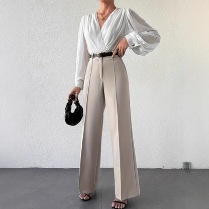 Pantalons décontractés droits amincissants taille haute à tempérament