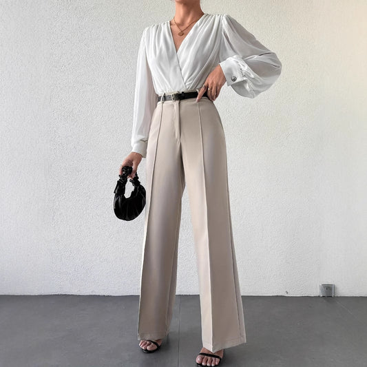 Pantalons décontractés droits amincissants taille haute à tempérament