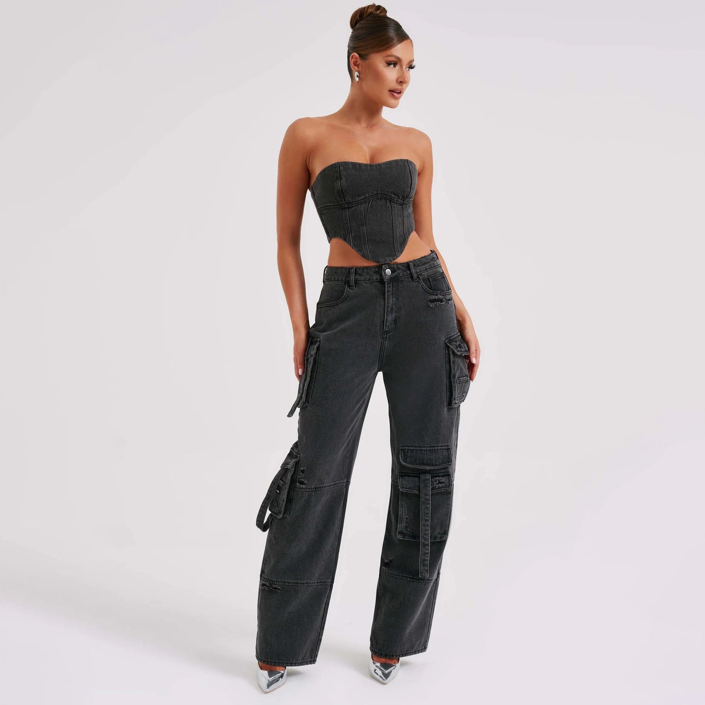 2Pcs Costumes en Jean Été Sexy Dos Nu Top Tube Et Pantalons Droits Multi-poches Mode Pantalons Longs Costume Vêtements Femmes
