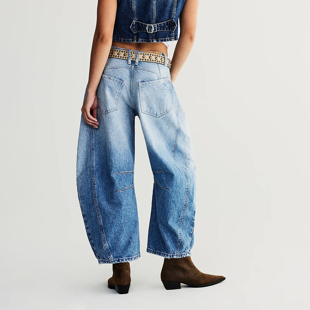 Pantalon de hip-hop rétro pour femmes en denim usé bleu délavé