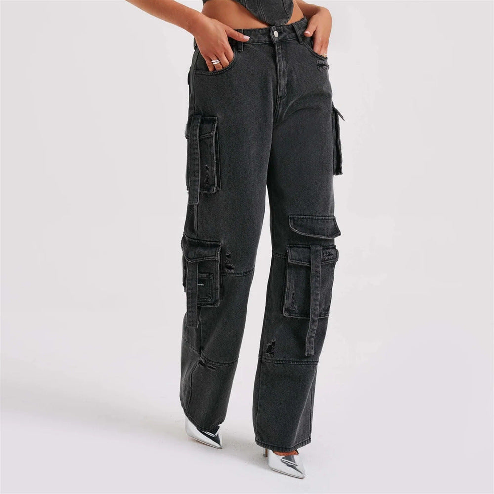 2Pcs Costumes en Jean Été Sexy Dos Nu Top Tube Et Pantalons Droits Multi-poches Mode Pantalons Longs Costume Vêtements Femmes