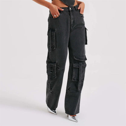 2Pcs Costumes en Jean Été Sexy Dos Nu Top Tube Et Pantalons Droits Multi-poches Mode Pantalons Longs Costume Vêtements Femmes