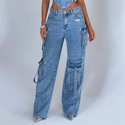 2Pcs Costumes en Jean Été Sexy Dos Nu Top Tube Et Pantalons Droits Multi-poches Mode Pantalons Longs Costume Vêtements Femmes