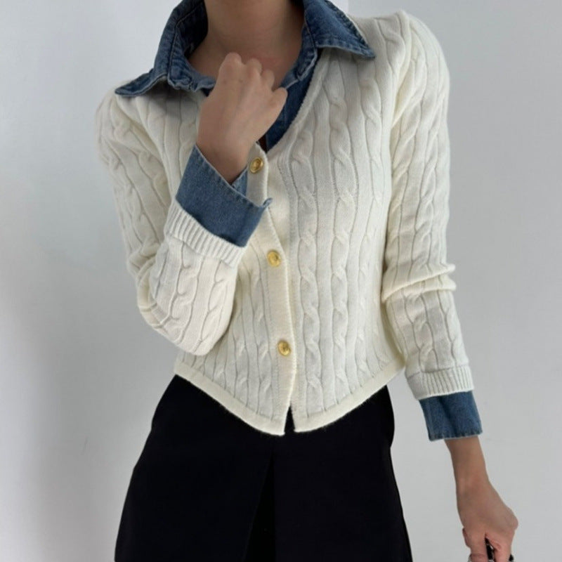 Korean Style Contrast Color Knitwear Denim Stitching Long Sleeve Sweater