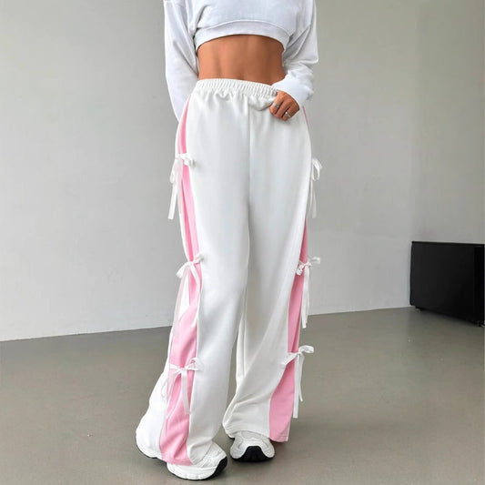 Pantalons droits pour femmes avec taille élastique et couleur contrastée