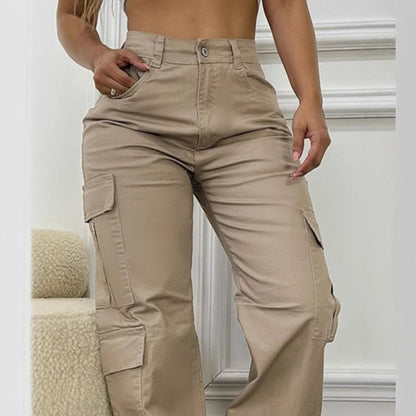 Pantalons larges à taille haute décontractés marron avec poches à rabat pour le travail
