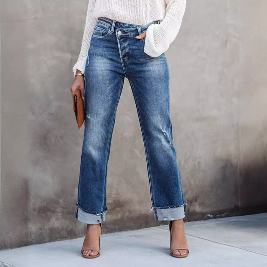 Pantalons en denim droit pour femmes lavés