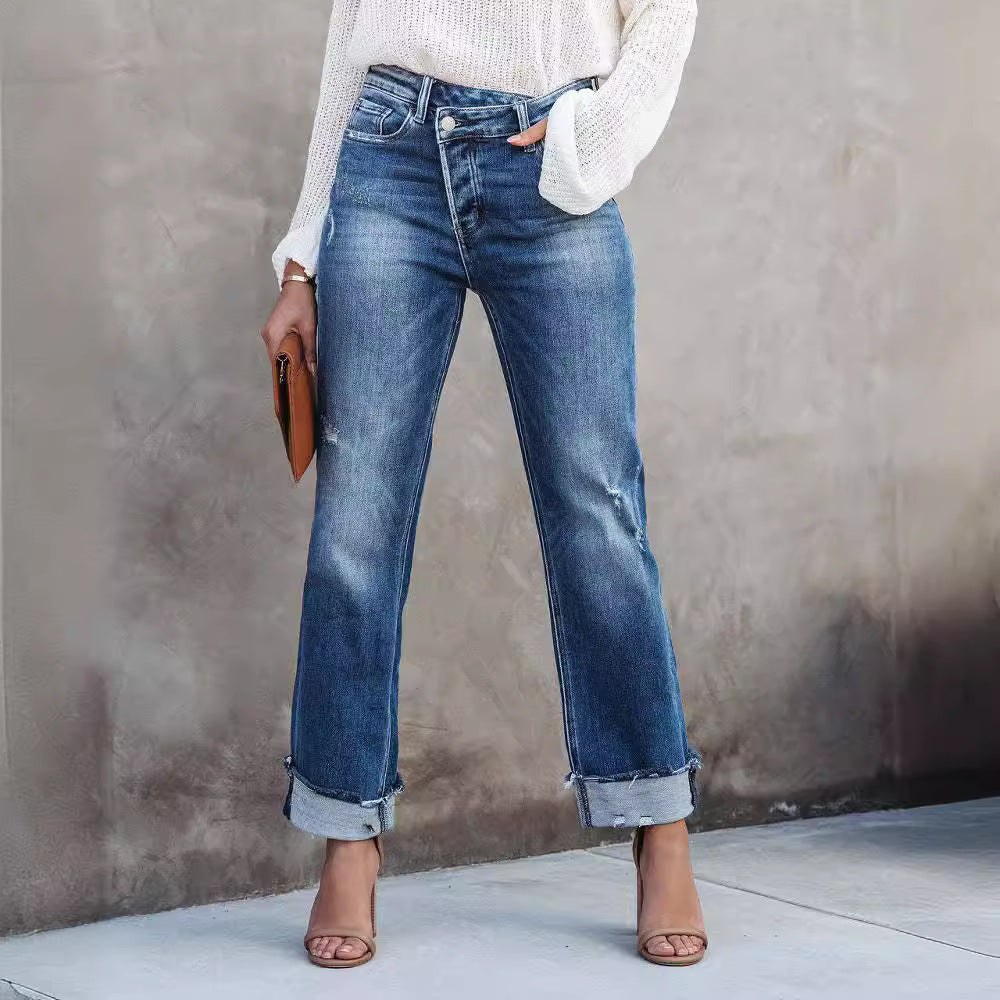 Pantalons en denim droit pour femmes lavés