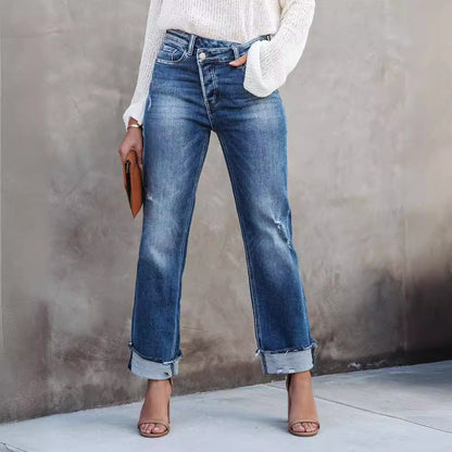 Pantalons en denim droit pour femmes lavés