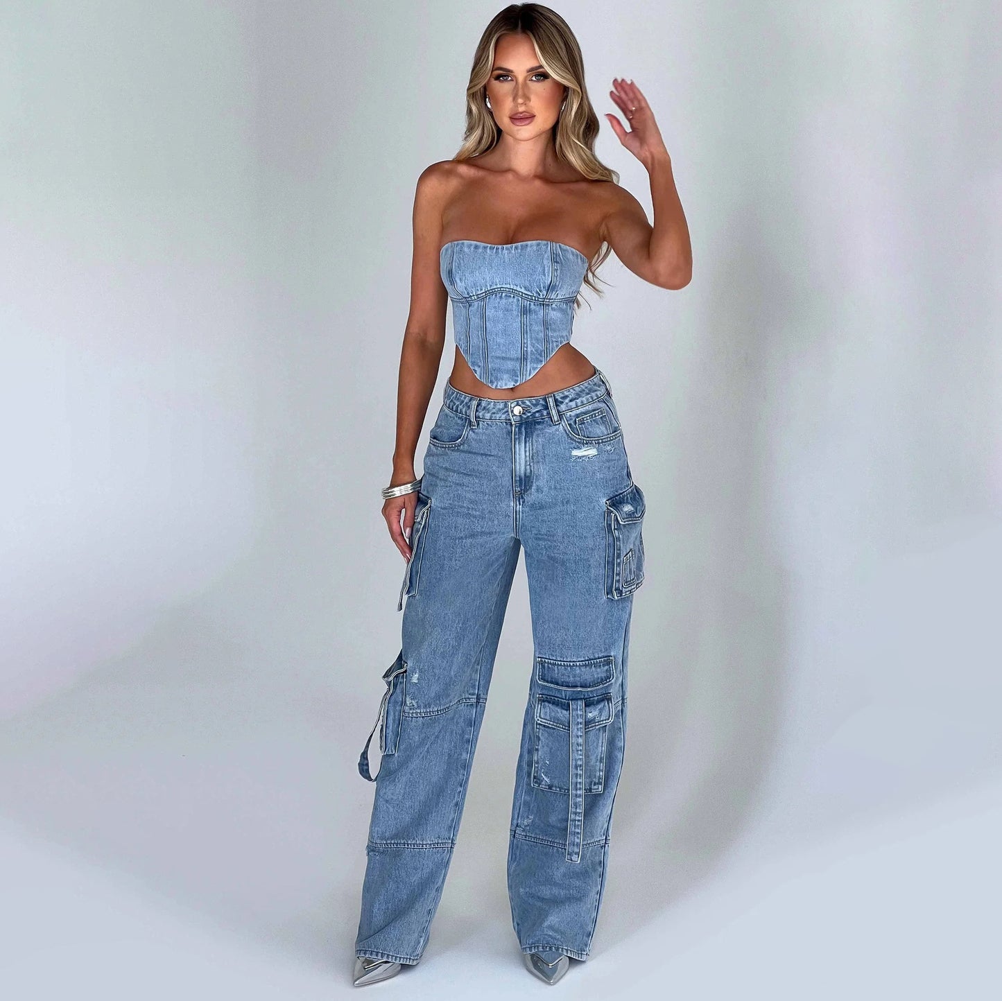 2Pcs Costumes en Jean Été Sexy Dos Nu Top Tube Et Pantalons Droits Multi-poches Mode Pantalons Longs Costume Vêtements Femmes