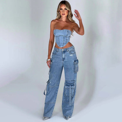 2Pcs Costumes en Jean Été Sexy Dos Nu Top Tube Et Pantalons Droits Multi-poches Mode Pantalons Longs Costume Vêtements Femmes