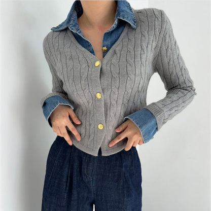 Korean Style Contrast Color Knitwear Denim Stitching Long Sleeve Sweater