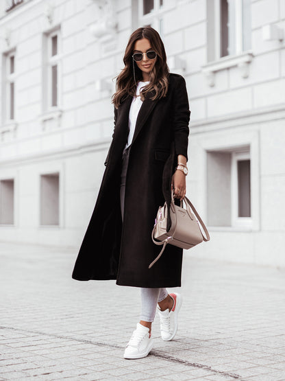 Manteau en laine à col en V et manches longues pour femmes