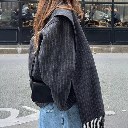 Stripe With Tassel Scarf Collar Blended Woolen Coat