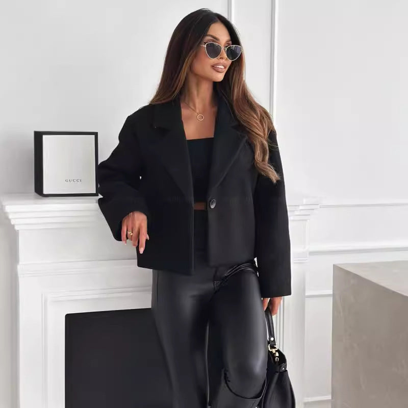 Veste en laine unie à col pour femme, mode automne hiver